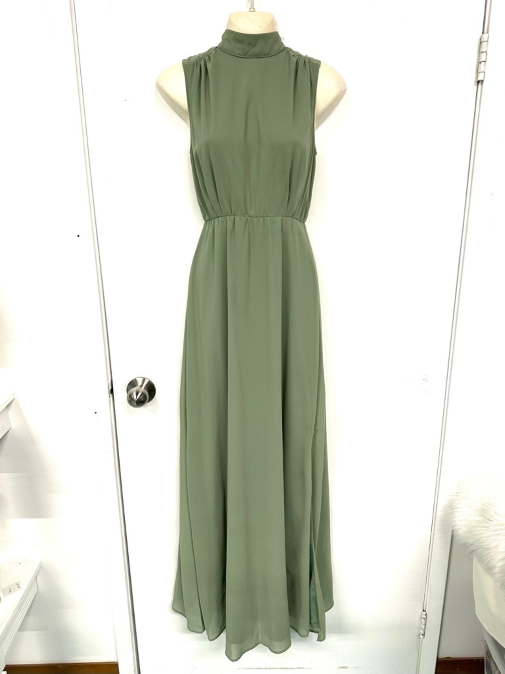 Lulus Classic Elegance Sage Chiffon Sleeveless Mock Neck Maxi Dress Small - Picture 6 of 15